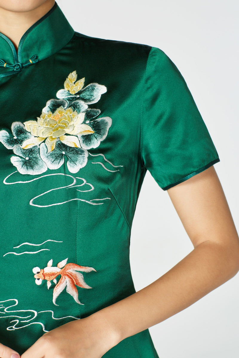 slim fit dress slacks Ming-Na Bespoke Dress | Modern Green Silk Qipao