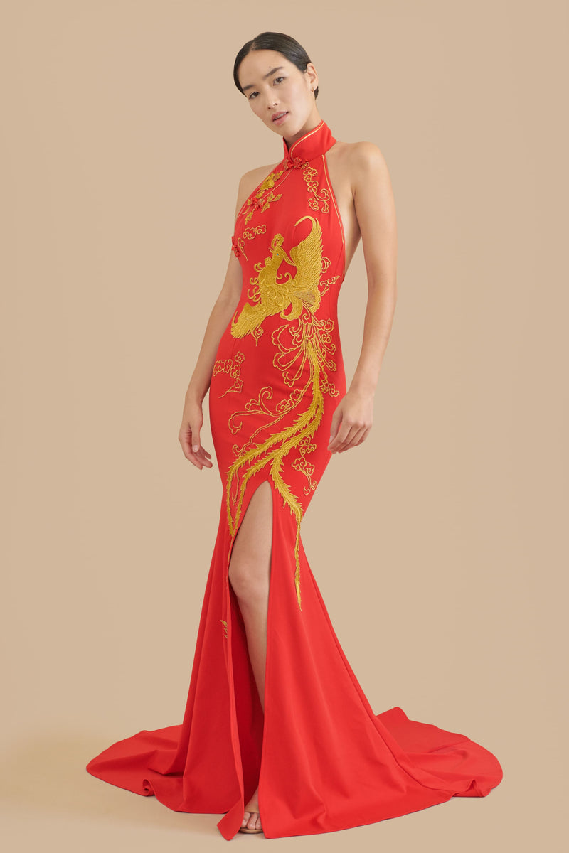 Constance Bespoke Dress Modern Red Gold Phoenix Qipao East