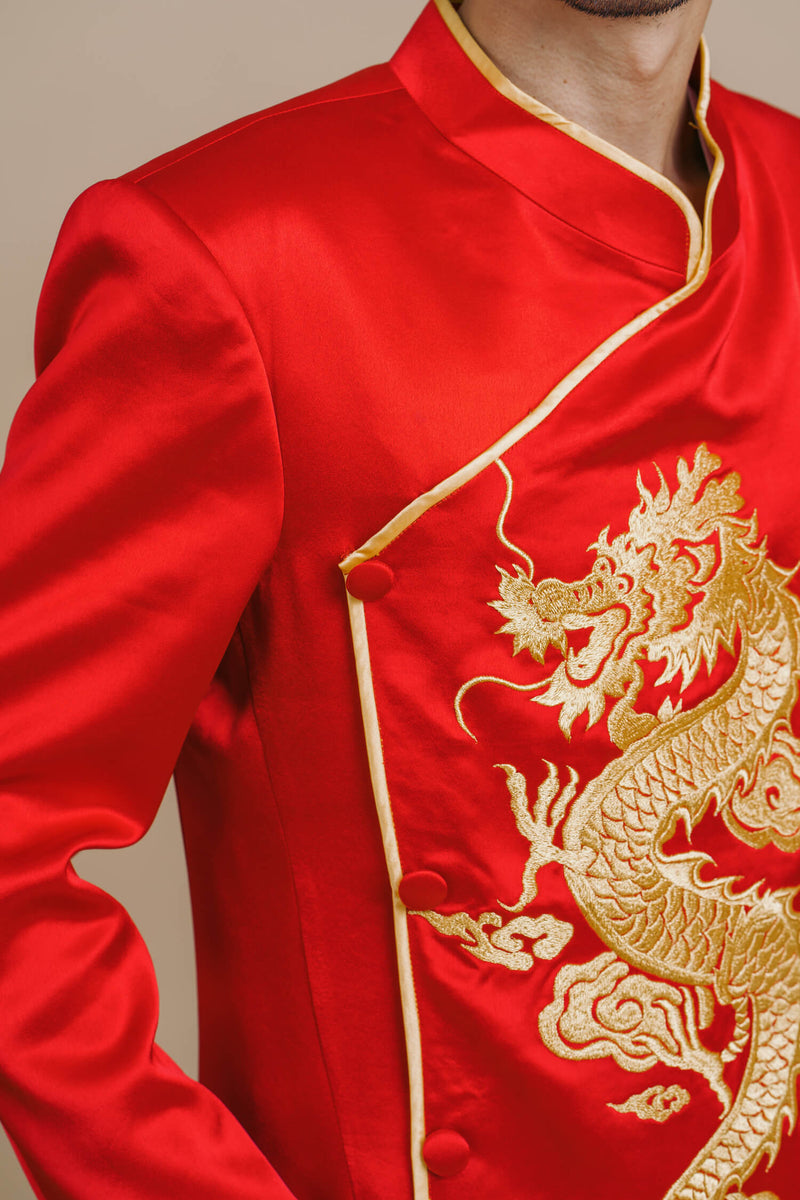 Nguyen Jacket  Red & Gold Vietnamese Wedding Men's Ao Dai – East