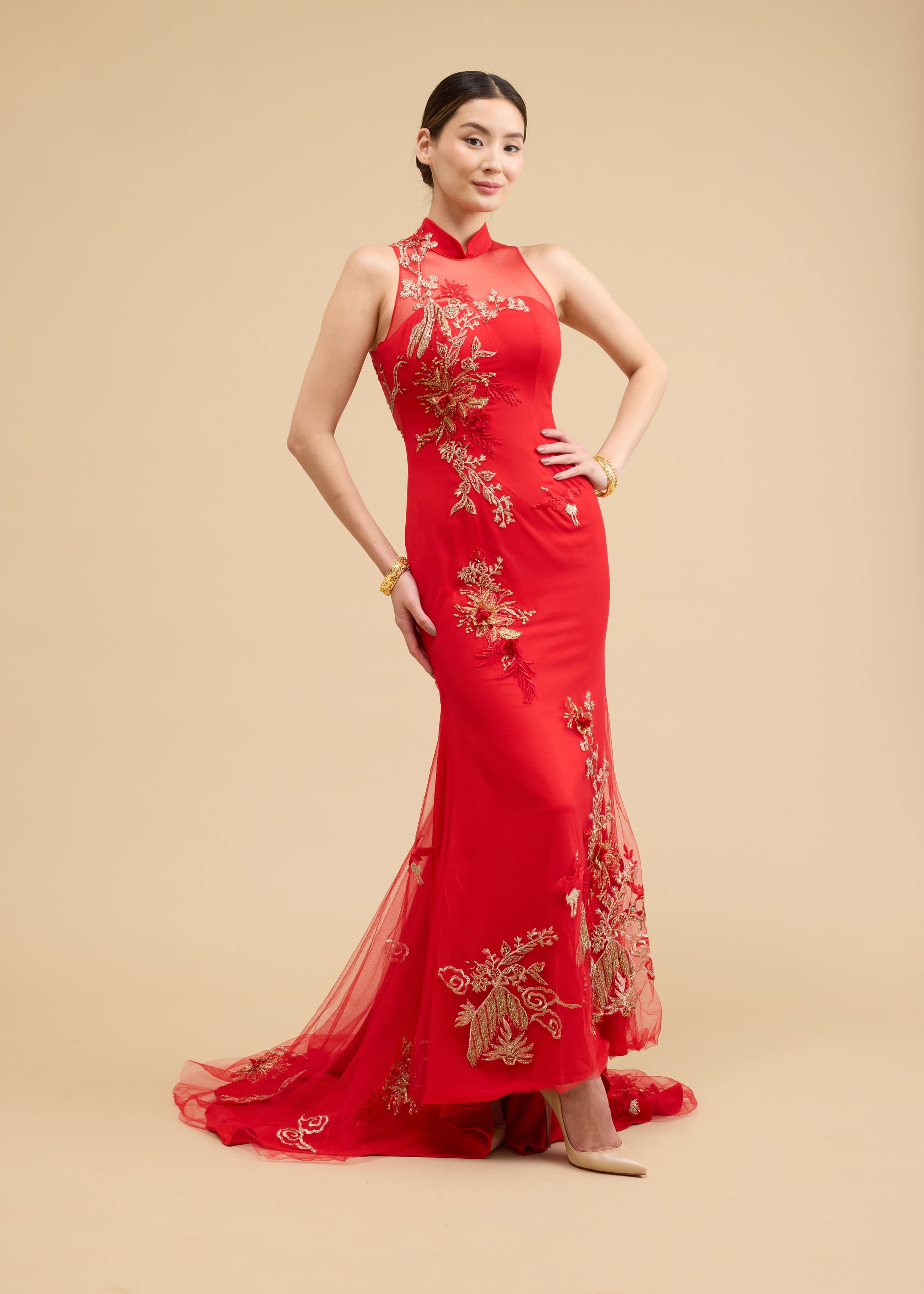 Frances Bespoke Dress | Modern Red & Gold Crane Mermaid Chinese Wedding Dress Frances Bespoke Dress | Modern Red & Gold Crane Mermaid Chinese Wedding Dress