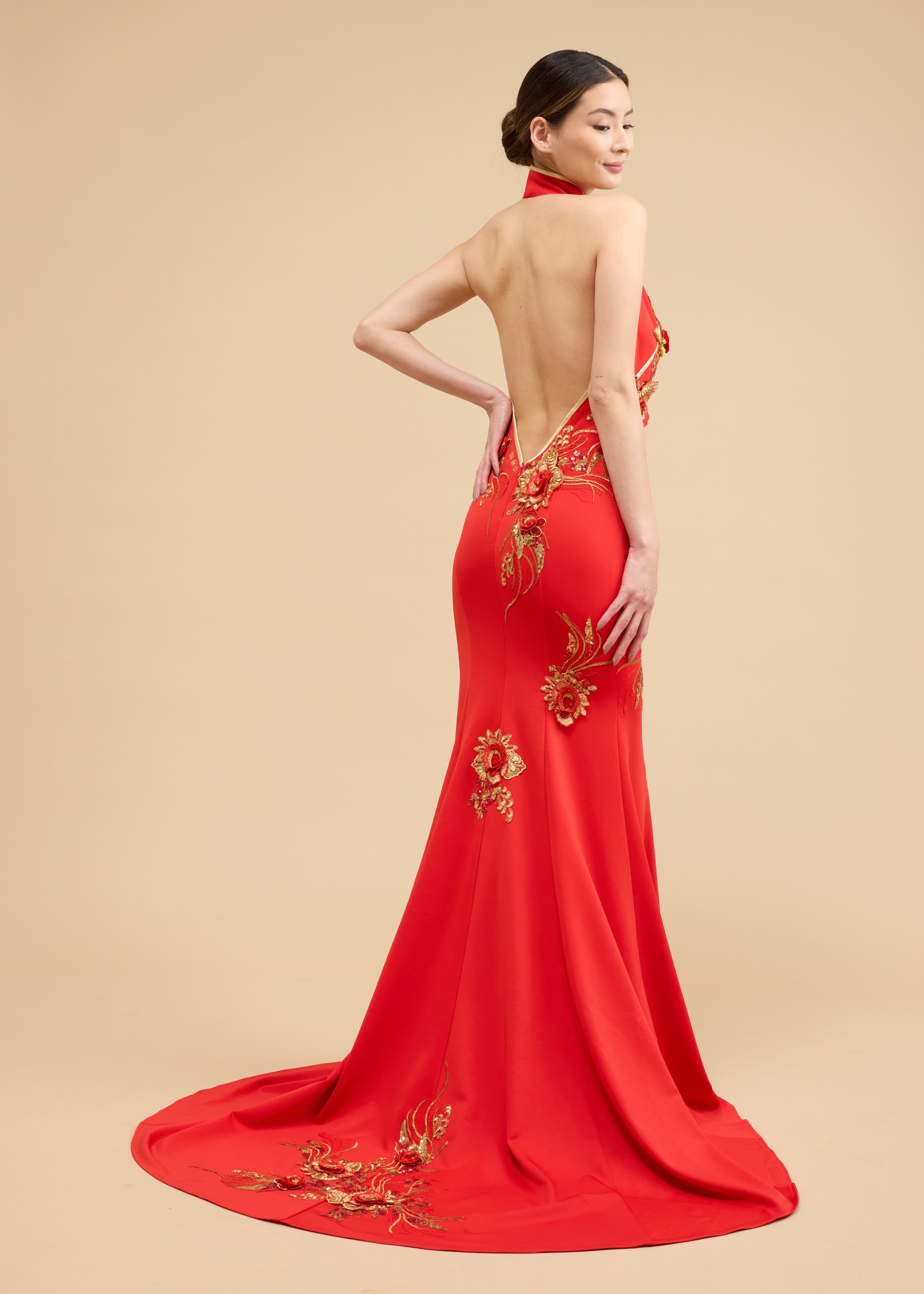 Kimberly Bespoke Dress | Modern Red & Gold Floral Mermaid Cheongsam
