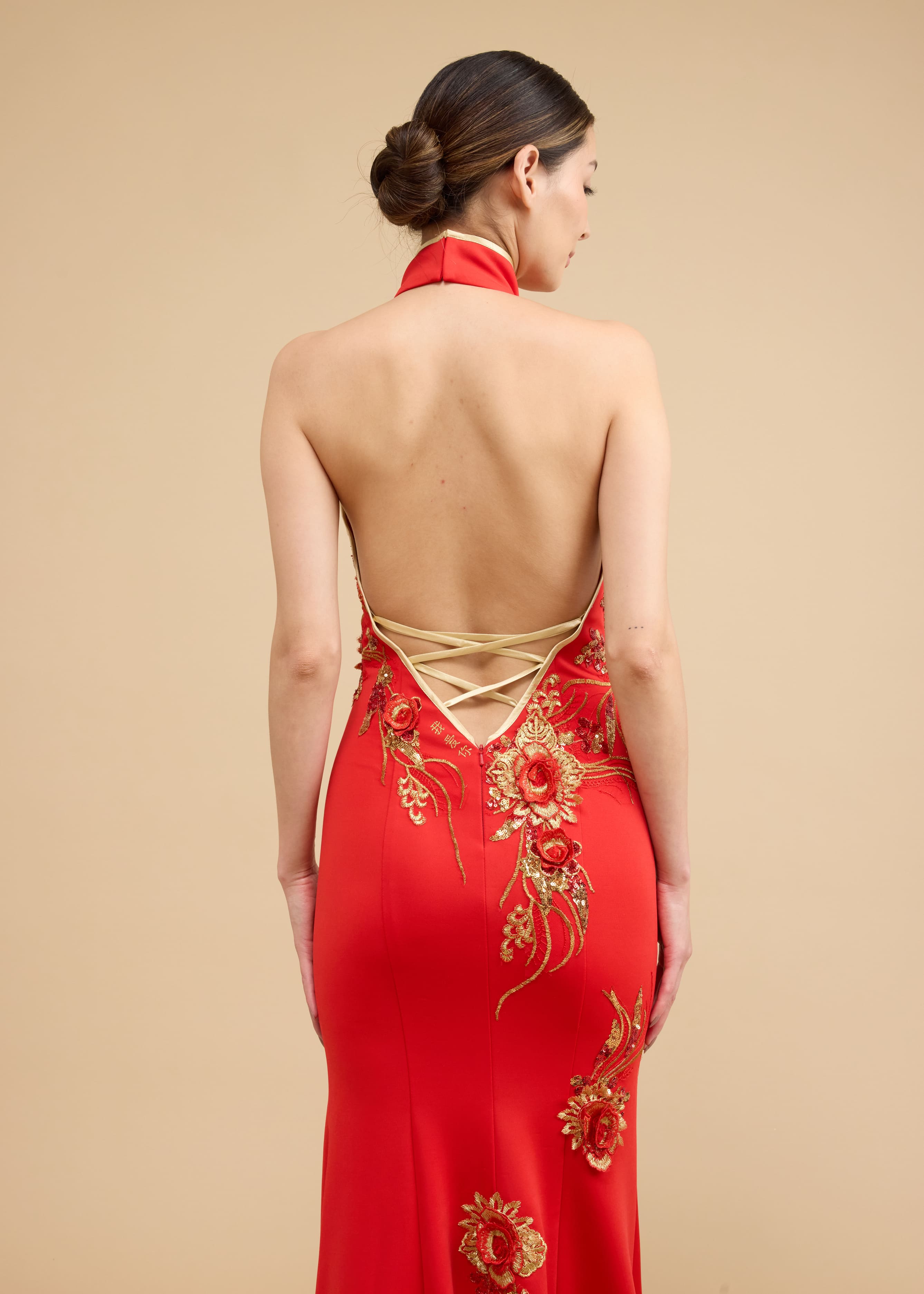 Kimberly Bespoke Dress | Modern Red & Gold Floral Mermaid Cheongsam