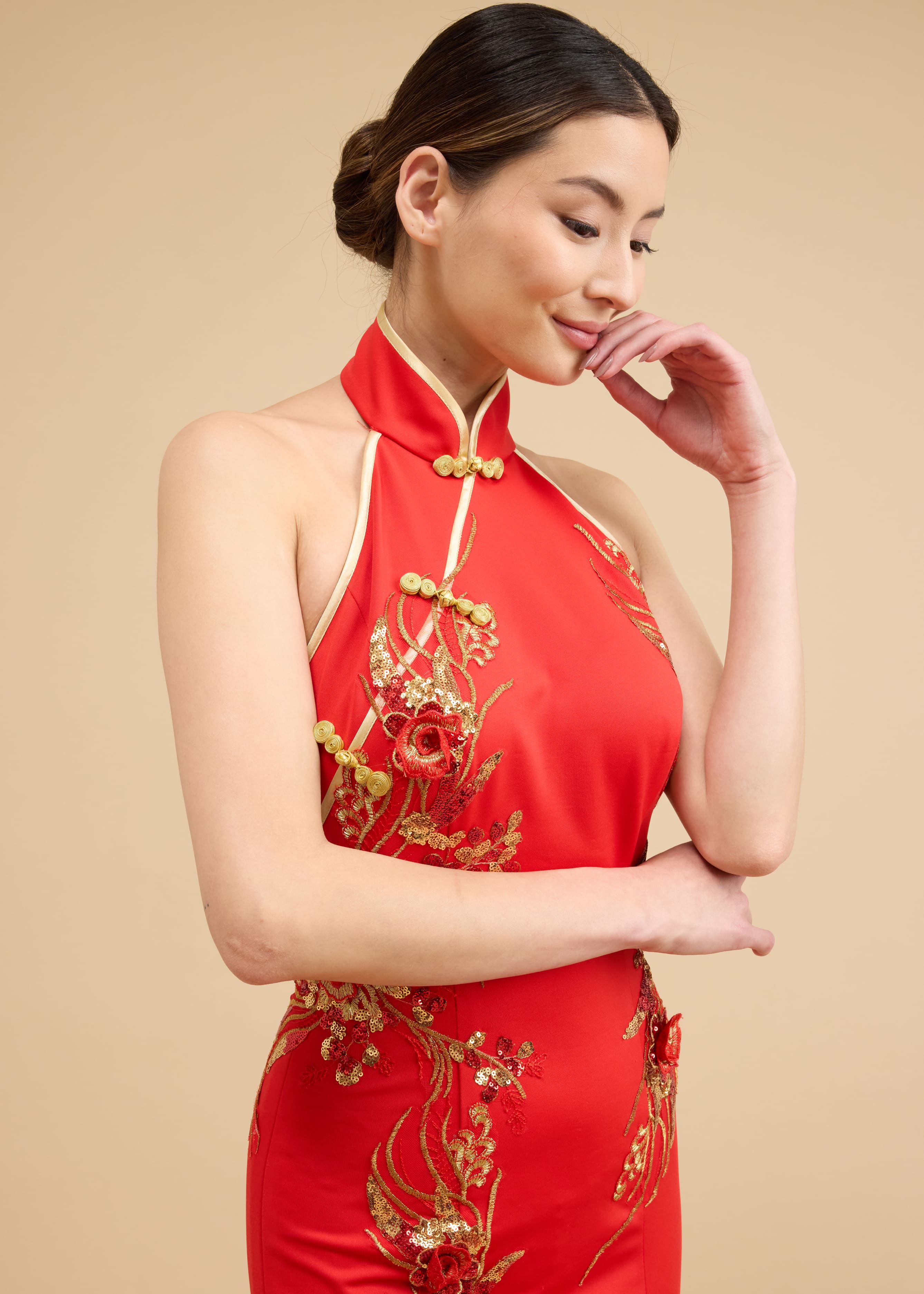 Kimberly Bespoke Dress | Modern Red & Gold Floral Mermaid Cheongsam