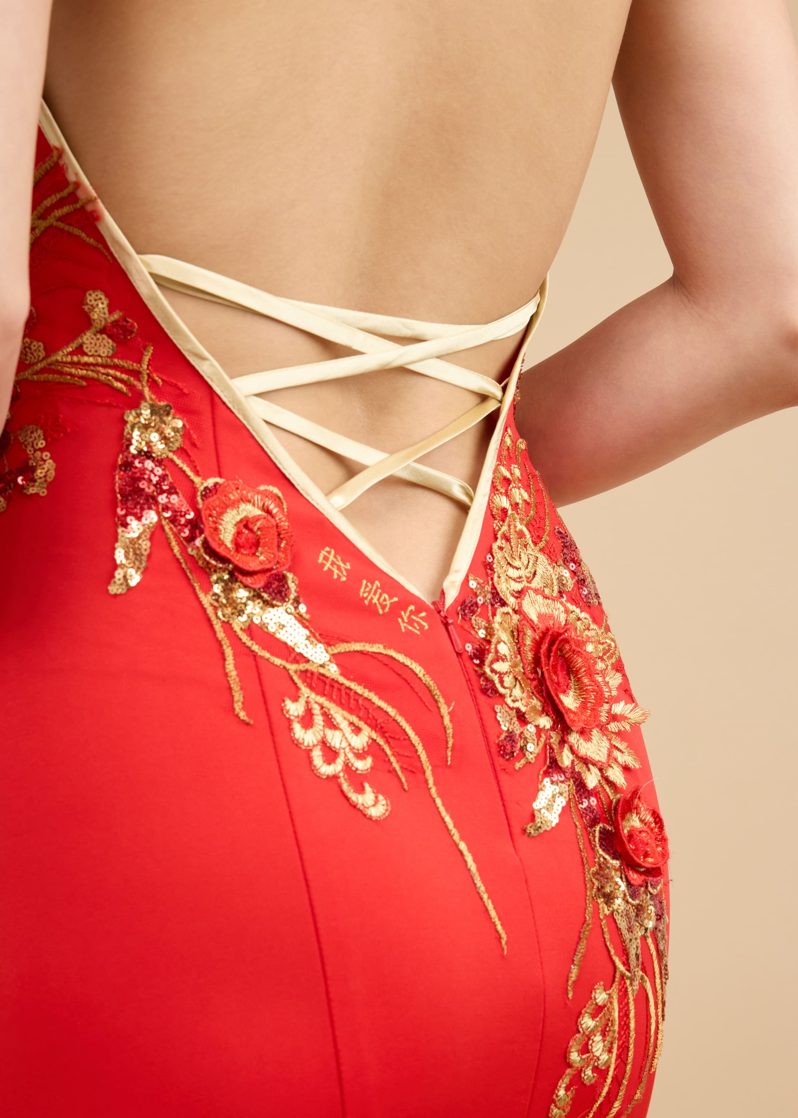 Kimberly Bespoke Dress | Modern Red & Gold Floral Mermaid Cheongsam