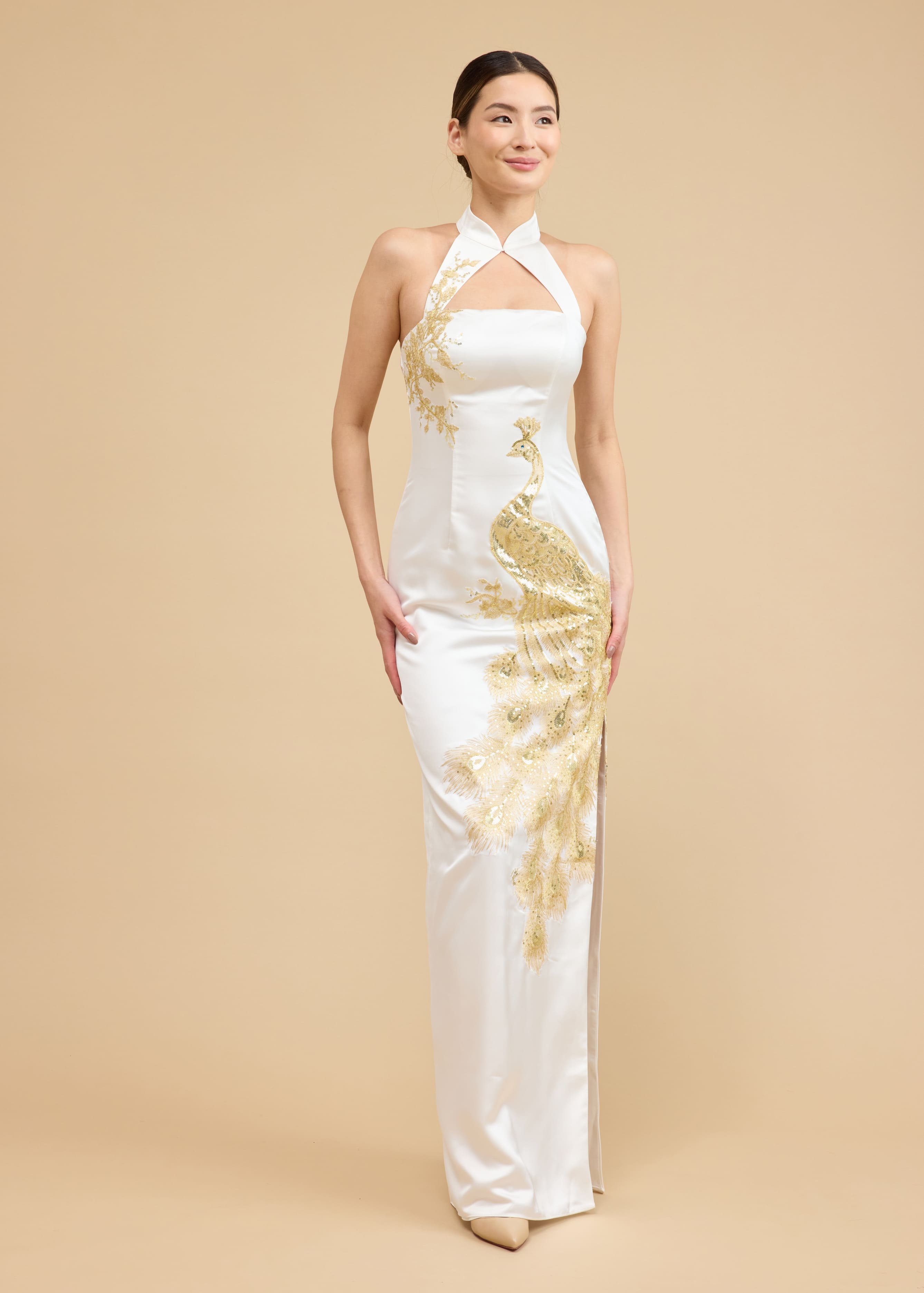 Alice Bespoke Dress | Modern White & Gold Peacock Chinese Wedding Dress