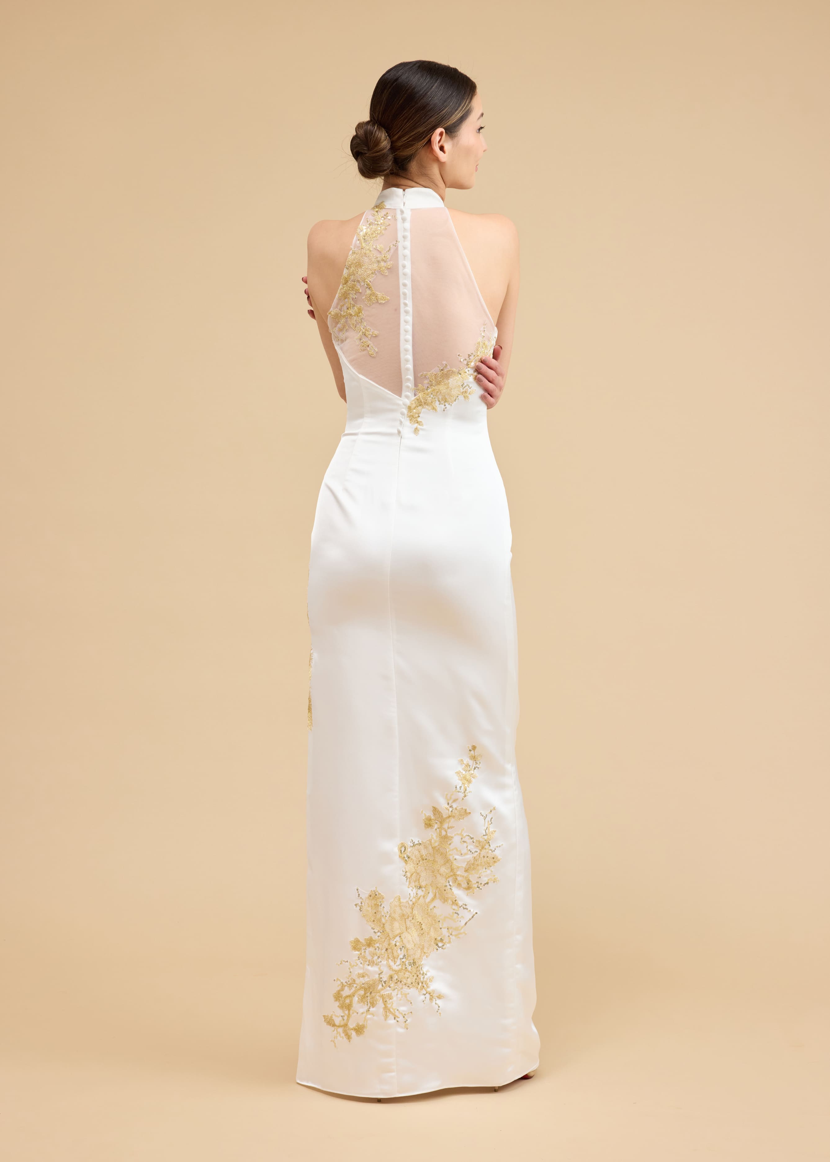 Alice Bespoke Dress | Modern White & Gold Peacock Chinese Wedding Dress