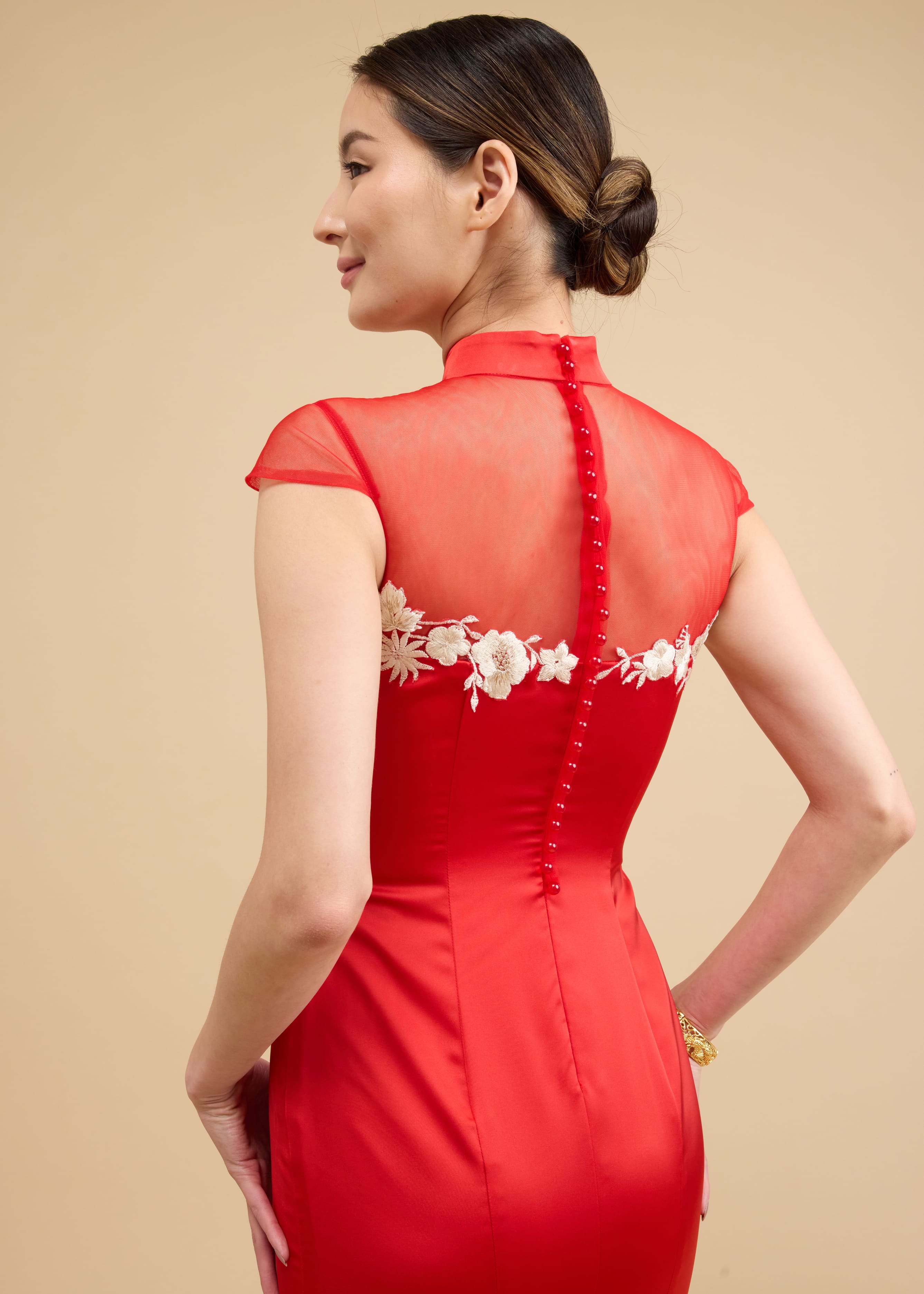 Clara Bespoke Dress | Modern Red & Gold Floral Mermaid Cheongsam Dress