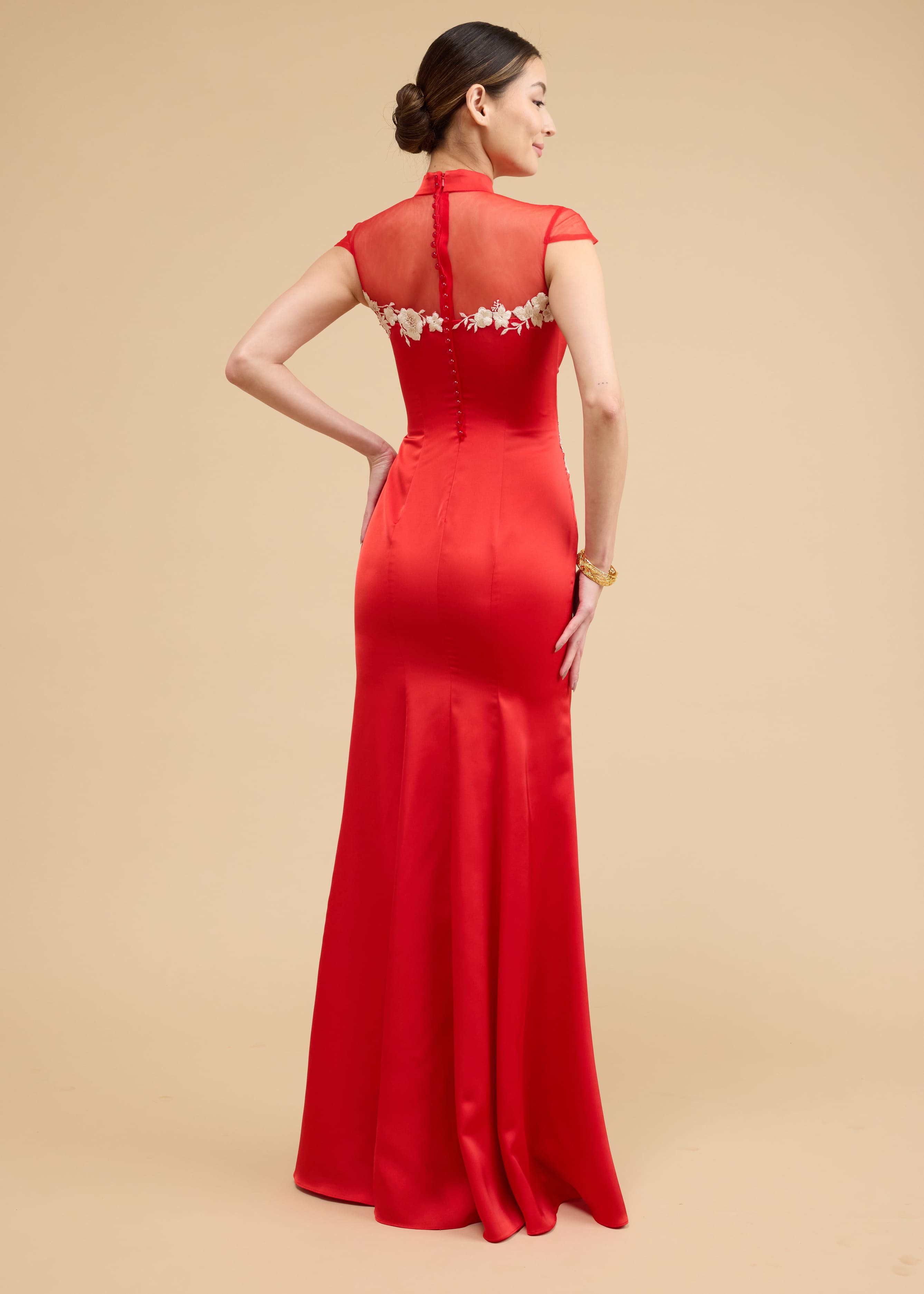 Clara Bespoke Dress | Modern Red & Gold Floral Mermaid Cheongsam Dress