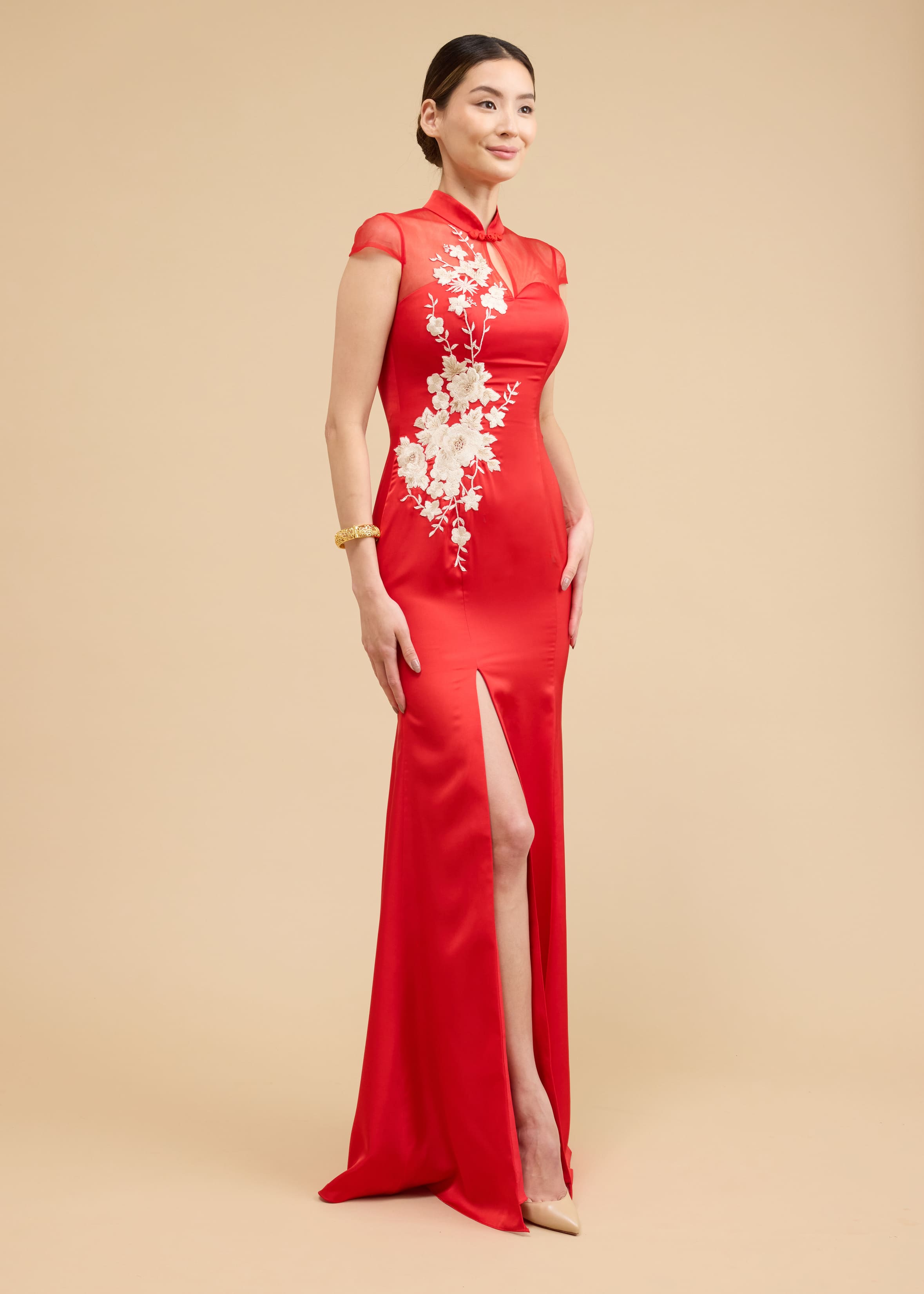 Clara Bespoke Dress | Modern Red & Gold Floral Mermaid Cheongsam Dress