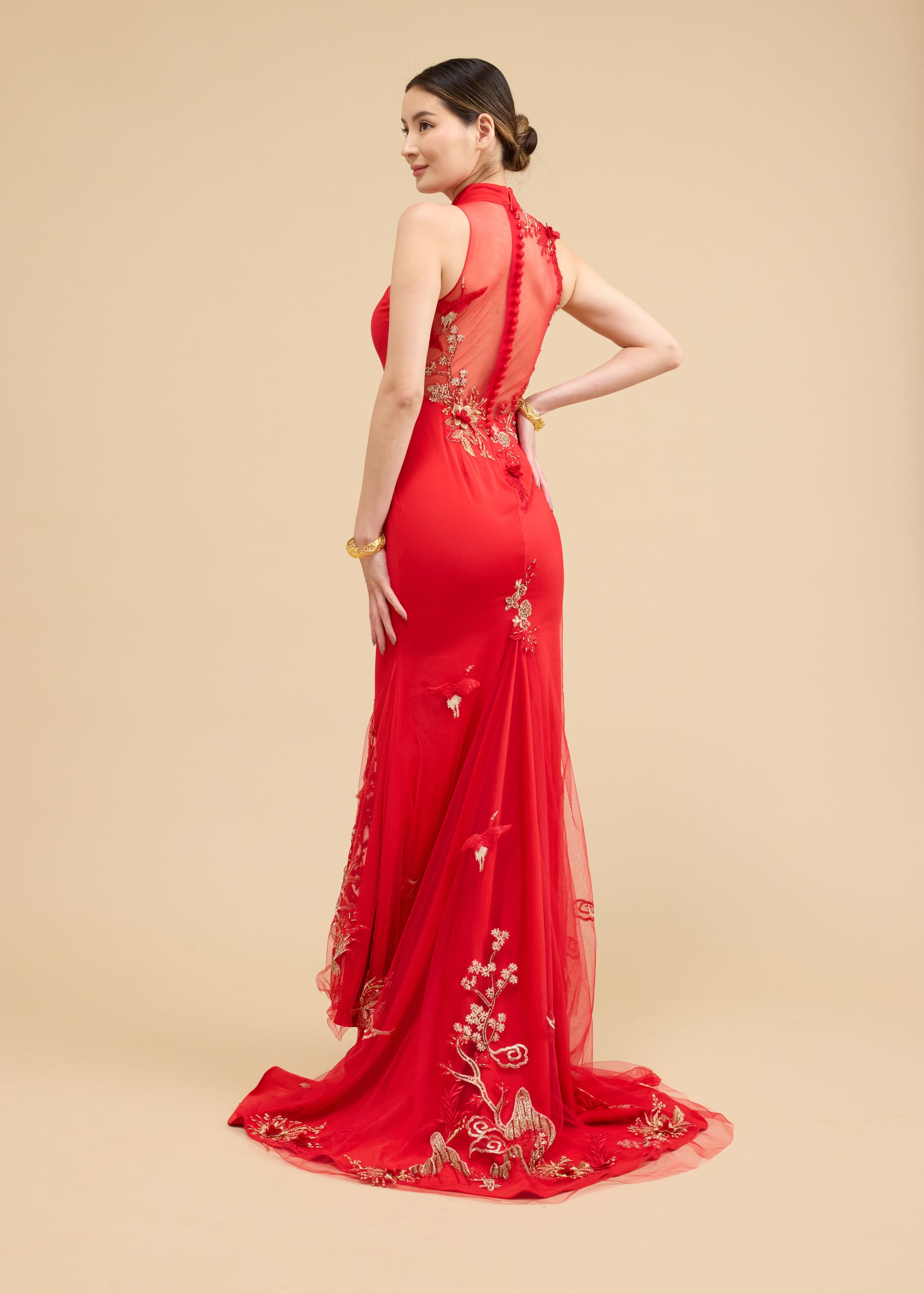 Frances Bespoke Dress | Modern Red & Gold Crane Mermaid Chinese Wedding Dress