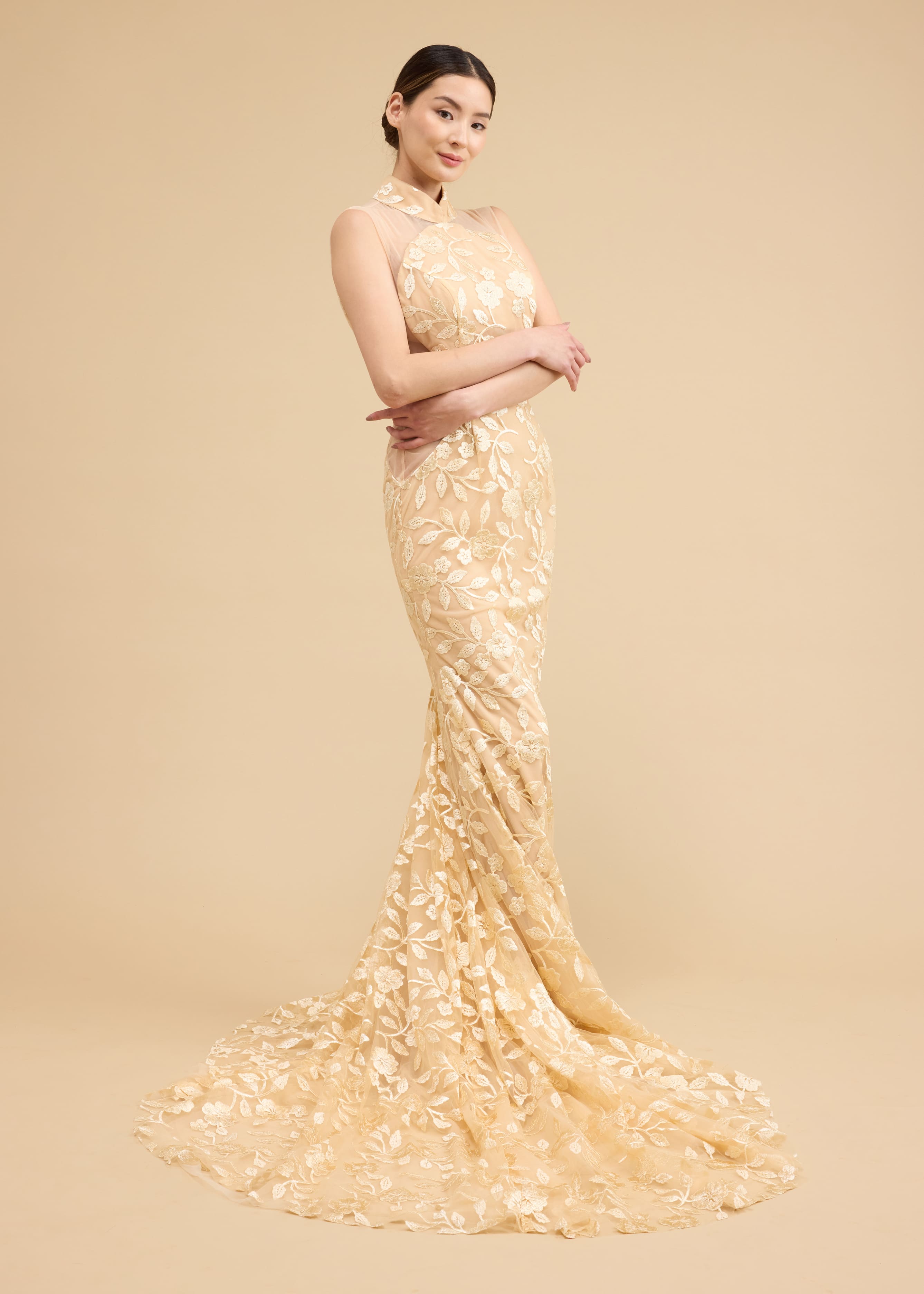 June Bespoke Dress | Modern Champagne Floral Cheongsam