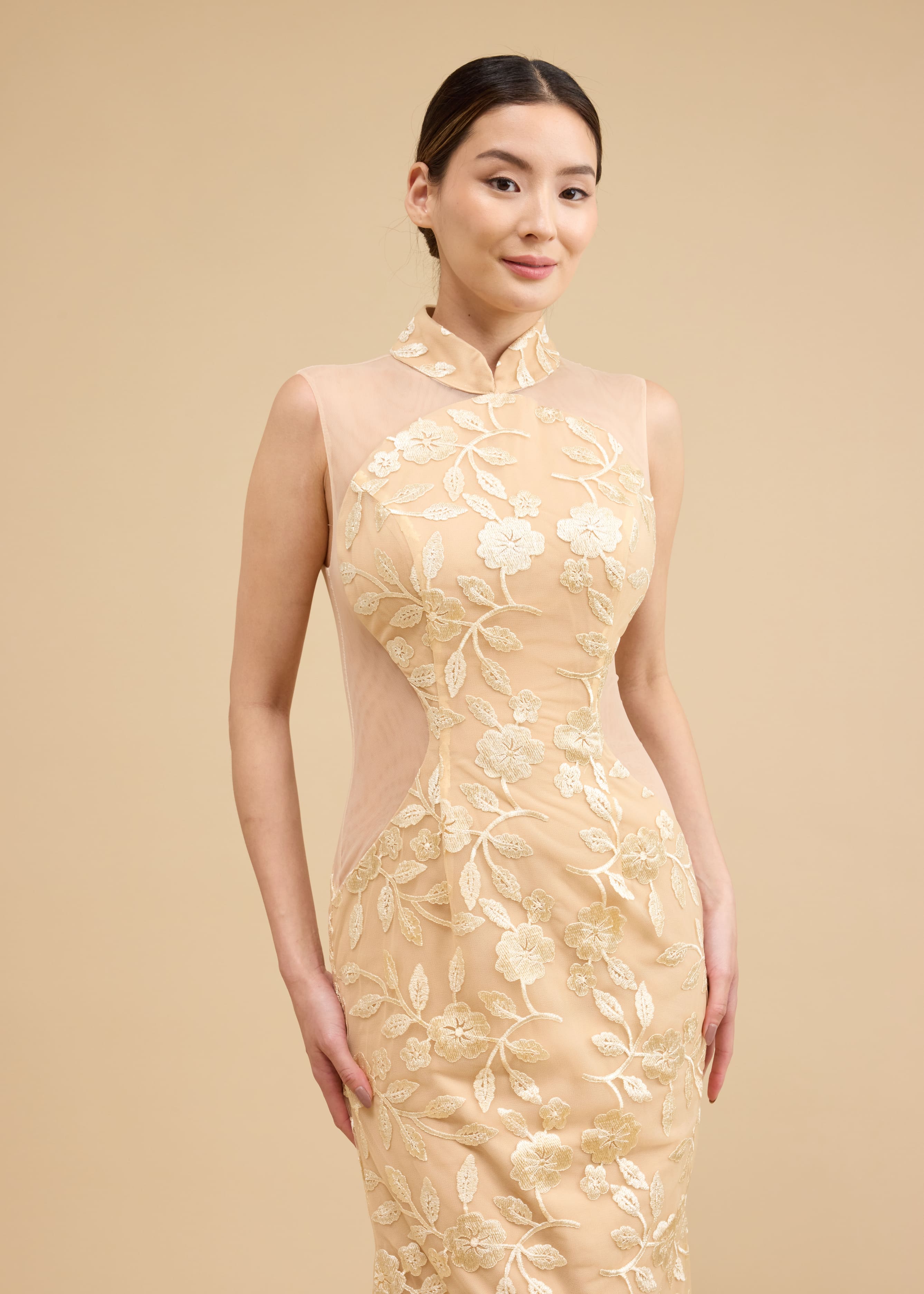 June Bespoke Dress | Modern Champagne Floral Cheongsam