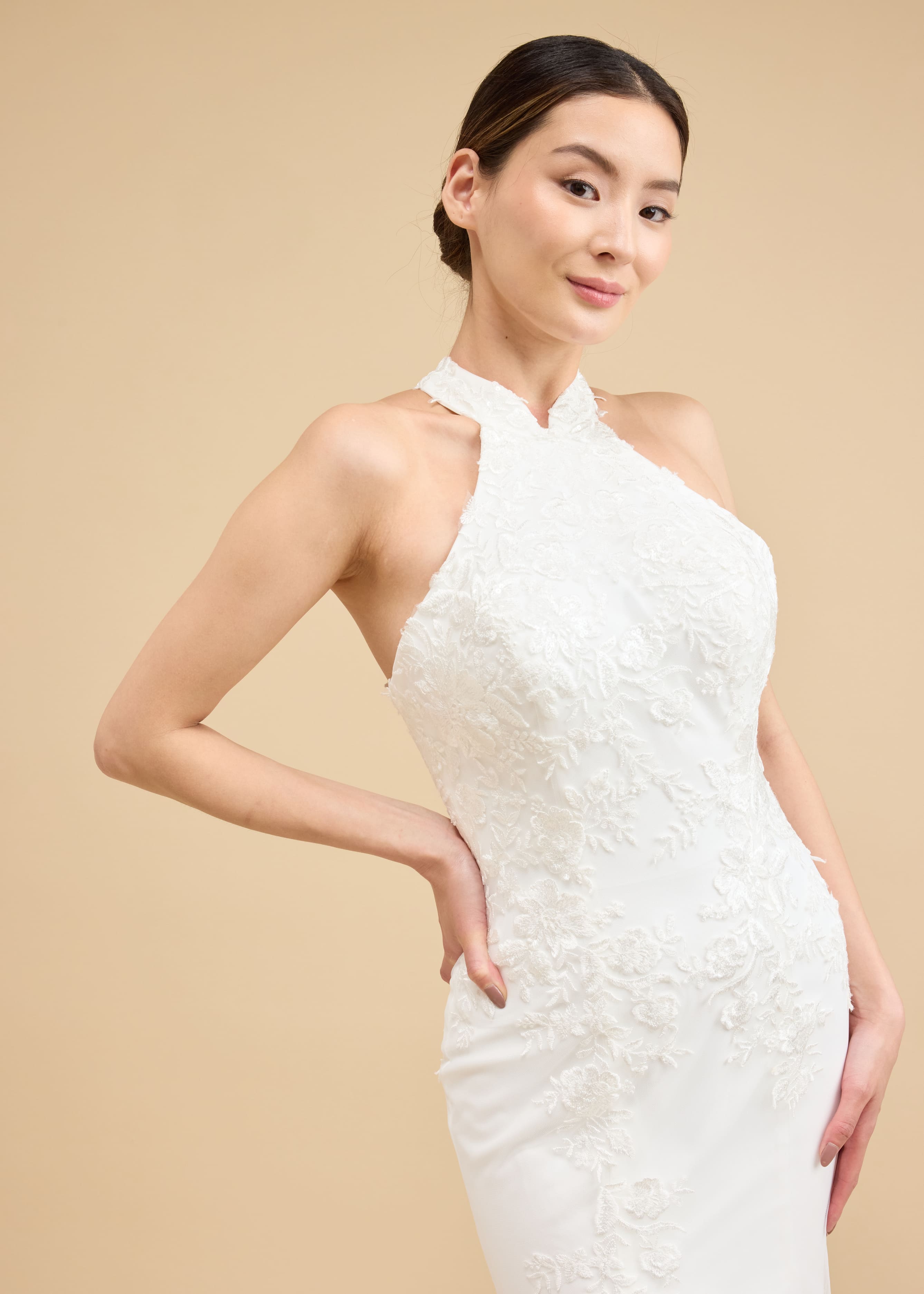 Natalie Bespoke Dress | Modern White Lace Halter Top Chinese Wedding Dress