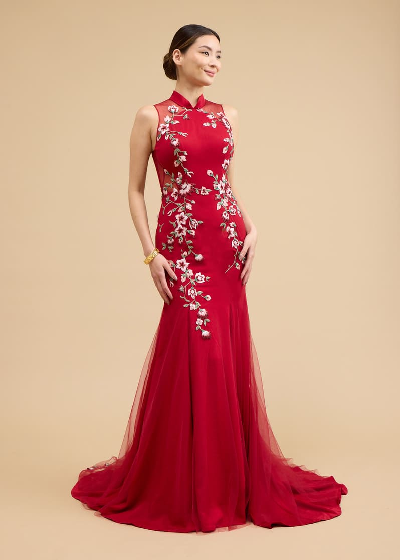 Olivia Bespoke Dress | Modern Wine Red Floral Mermaid Chinese Wedding Dress