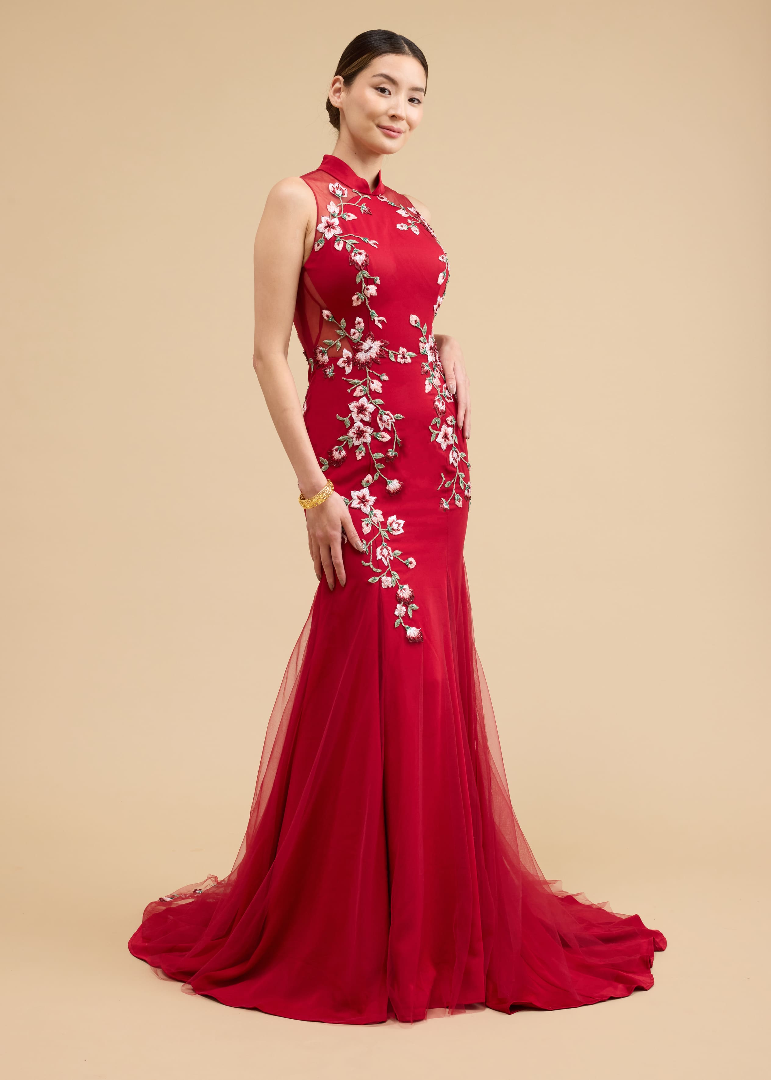 Olivia Bespoke Dress | Modern Wine Red Floral Mermaid Chinese Wedding Dress