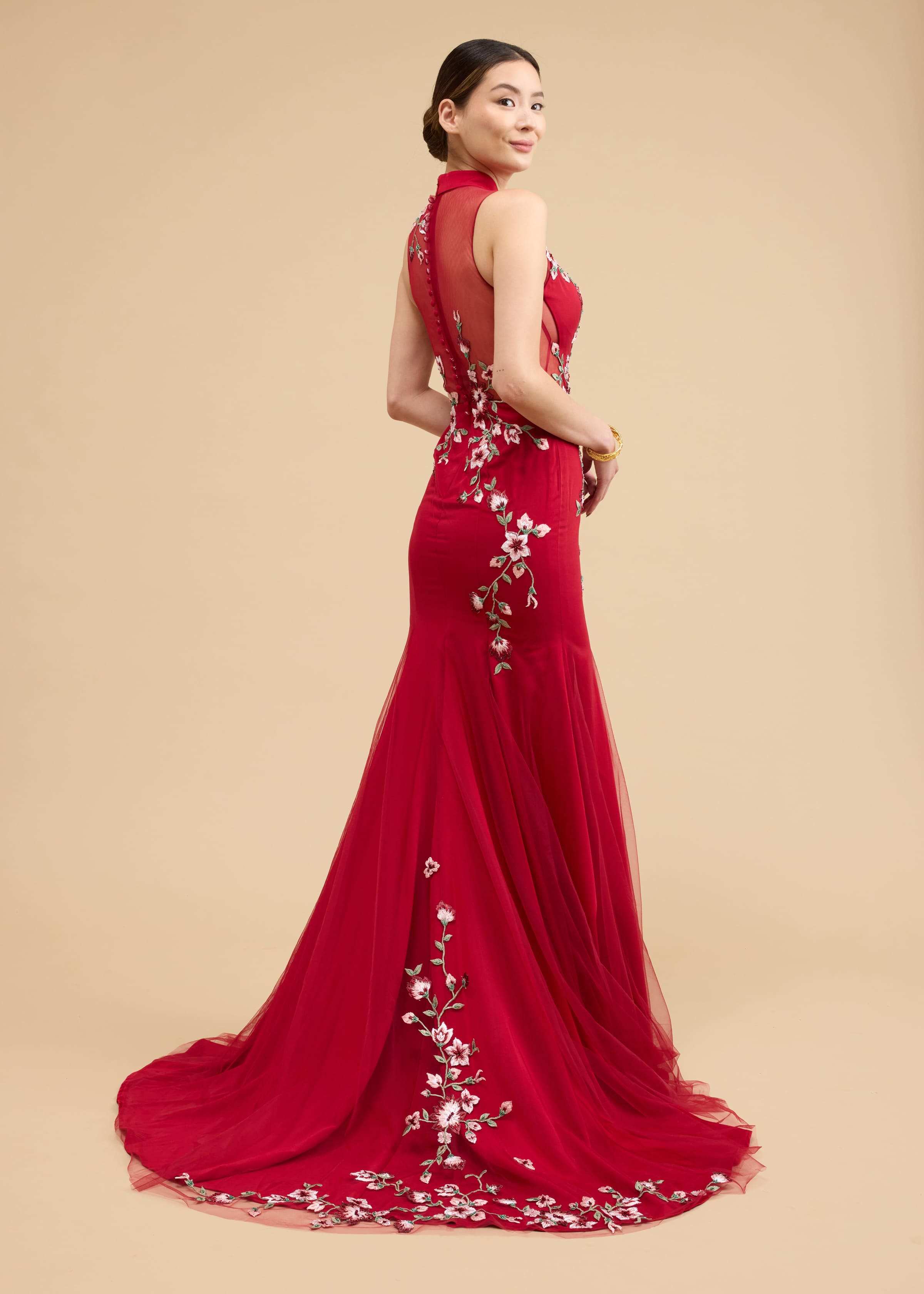 Olivia Bespoke Dress | Modern Wine Red Floral Mermaid Chinese Wedding Dress
