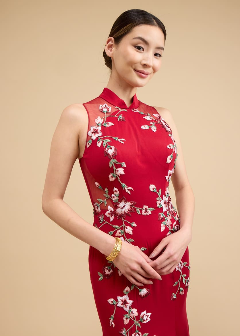 Olivia Bespoke Dress | Modern Wine Red Floral Mermaid Chinese Wedding Dress