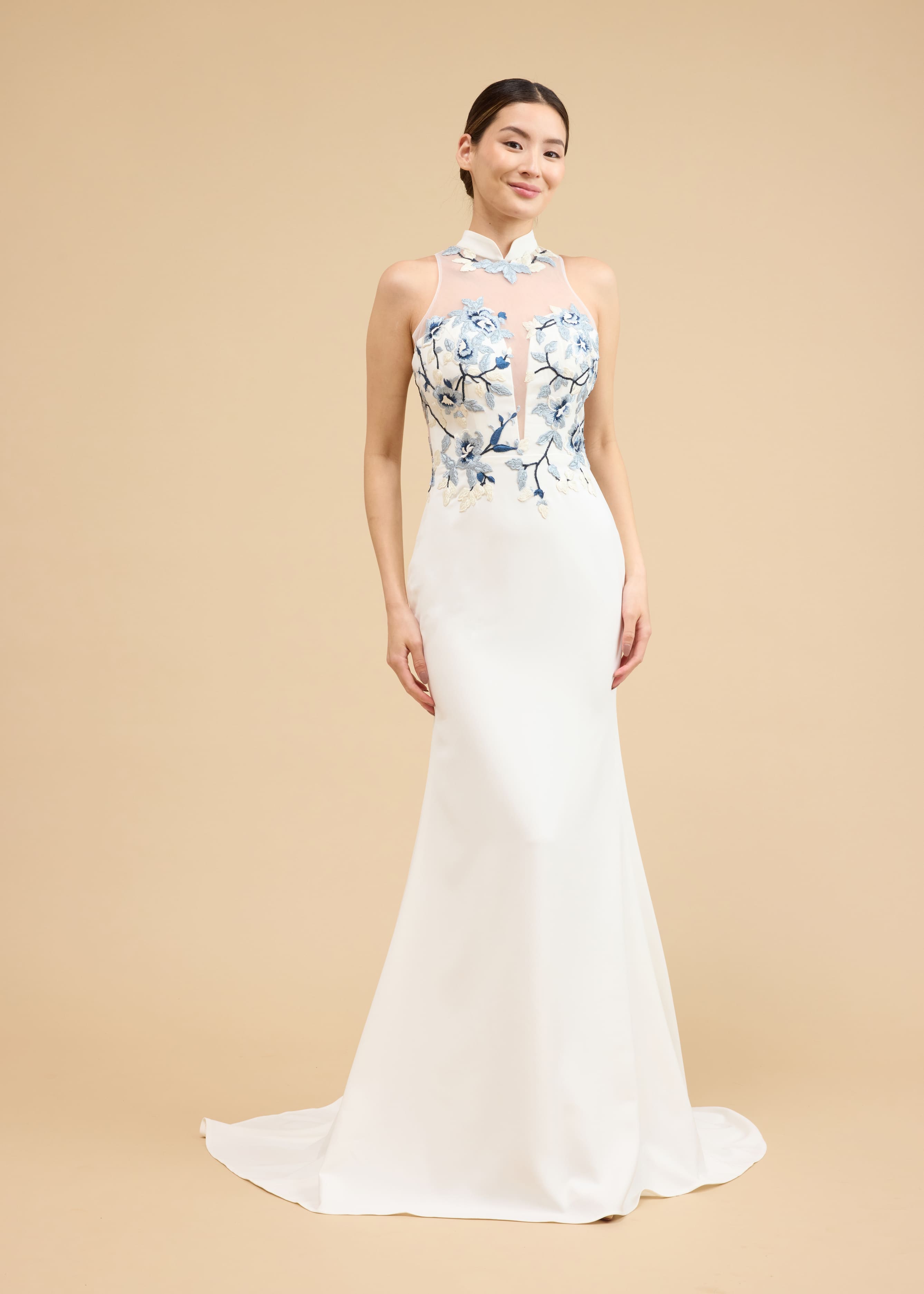 Phillipa Bespoke Dress | Modern White & Blue Floral Mermaid Cheongsam Phillipa Bespoke Dress | Modern White & Blue Floral Mermaid Cheongsam