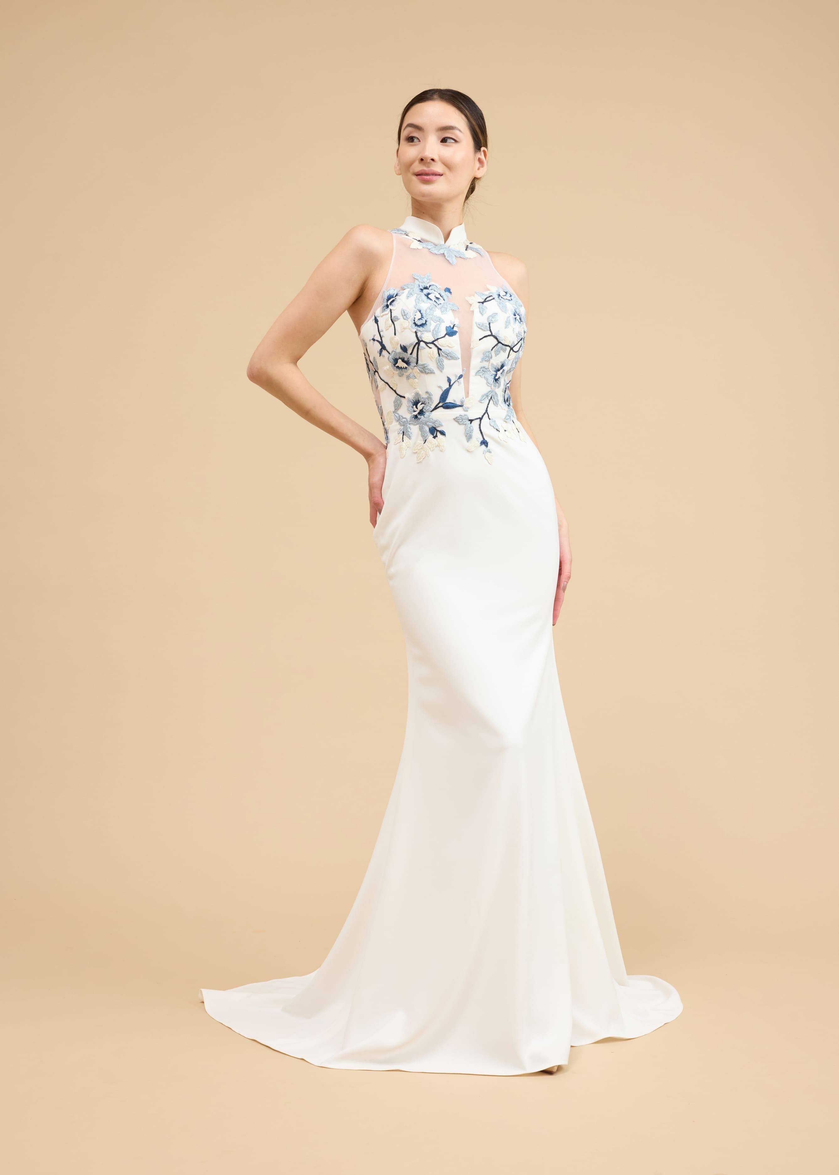 Phillipa Bespoke Dress | Modern White & Blue Floral Mermaid Cheongsam Phillipa Bespoke Dress | Modern White & Blue Floral Mermaid Cheongsam