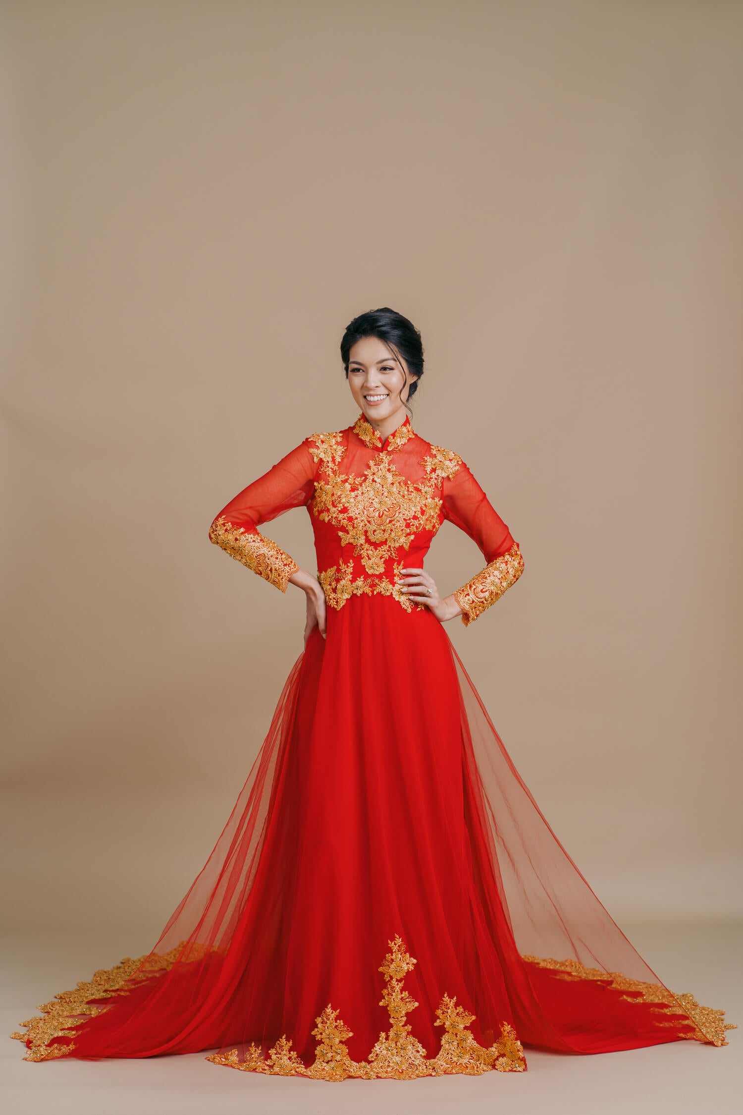 Traditional Vietnamese Wedding Dress | Red and Gold Ao Dai Traditional Vietnamese Wedding Dress | Red and Gold Ao Dai