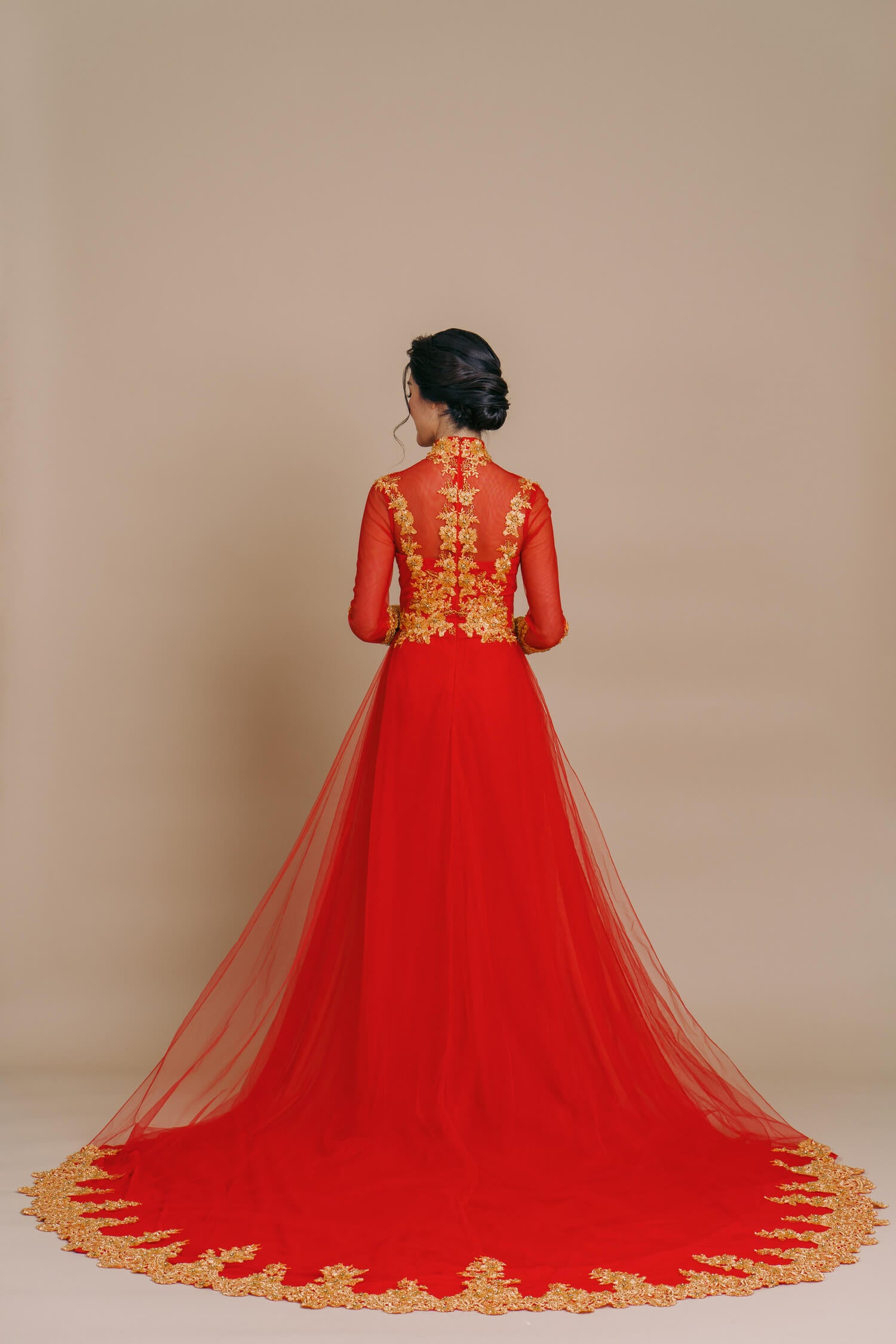 Red Ao Dai Vietnamese Traditional Wedding Dress With Gold