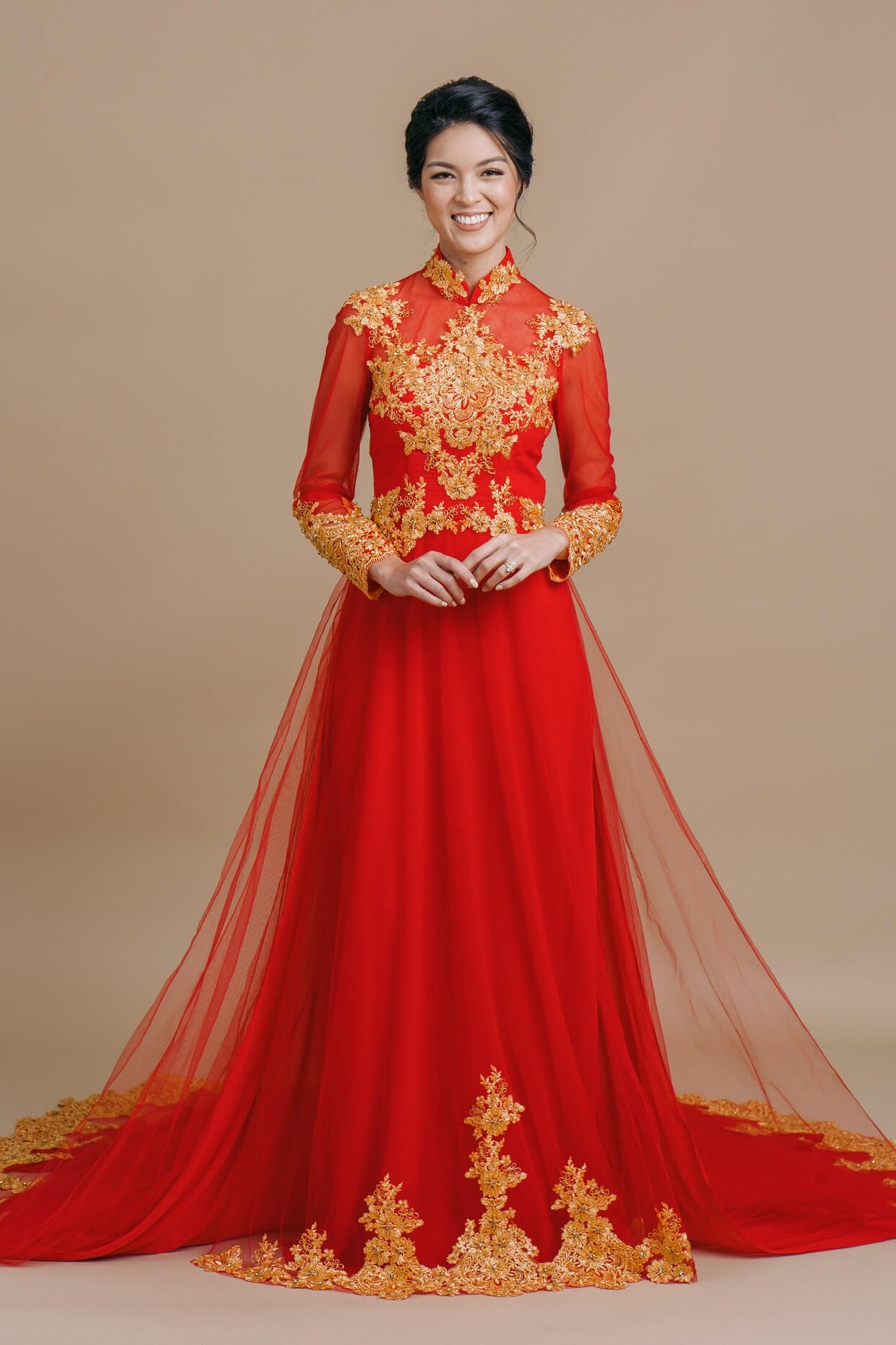 Traditional Vietnamese Wedding Dress | Red and Gold Ao Dai Traditional Vietnamese Wedding Dress | Red and Gold Ao Dai