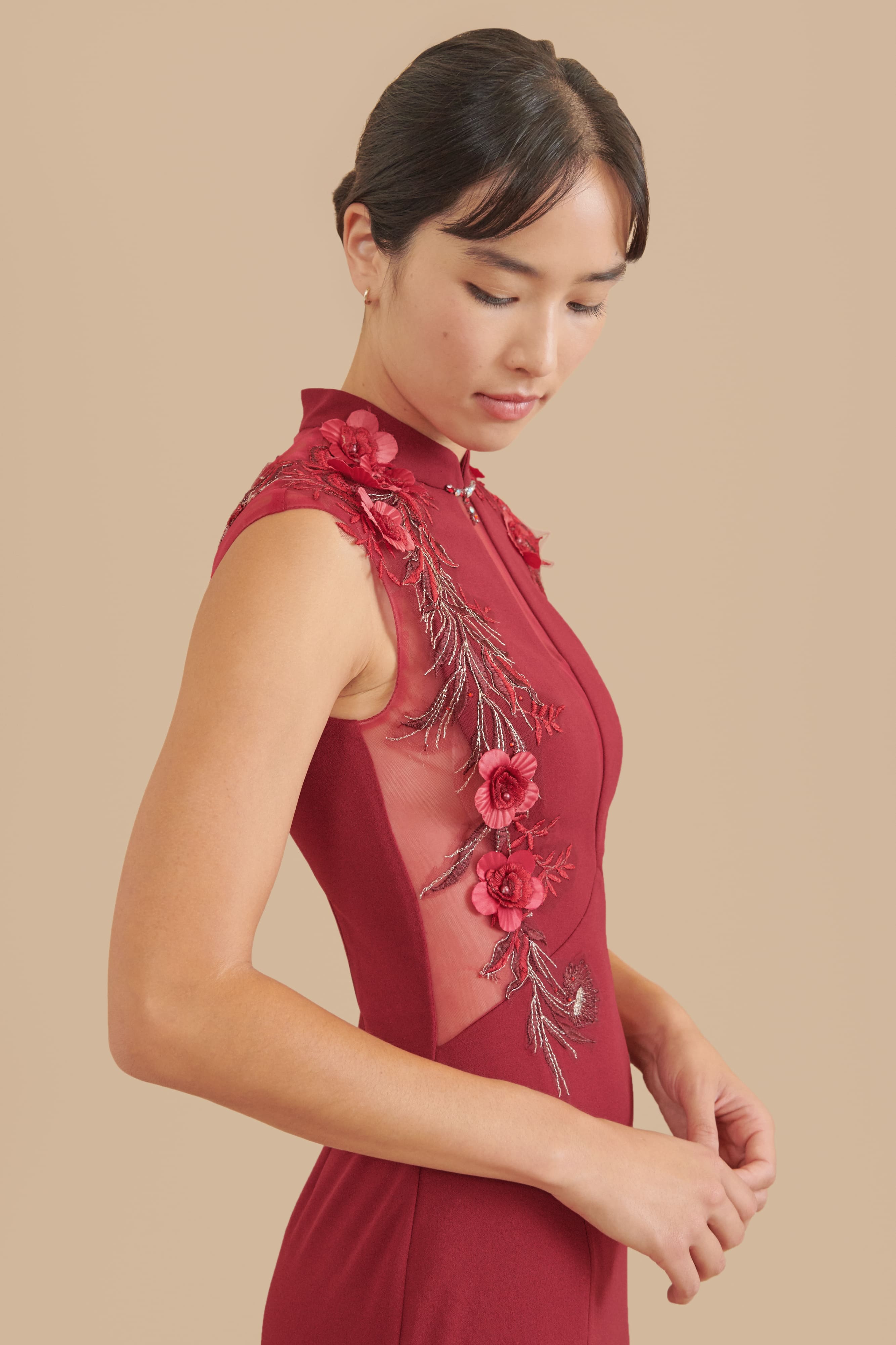 red asian style dress Red Bridal Qipao Cheongsam with Golden Flowers