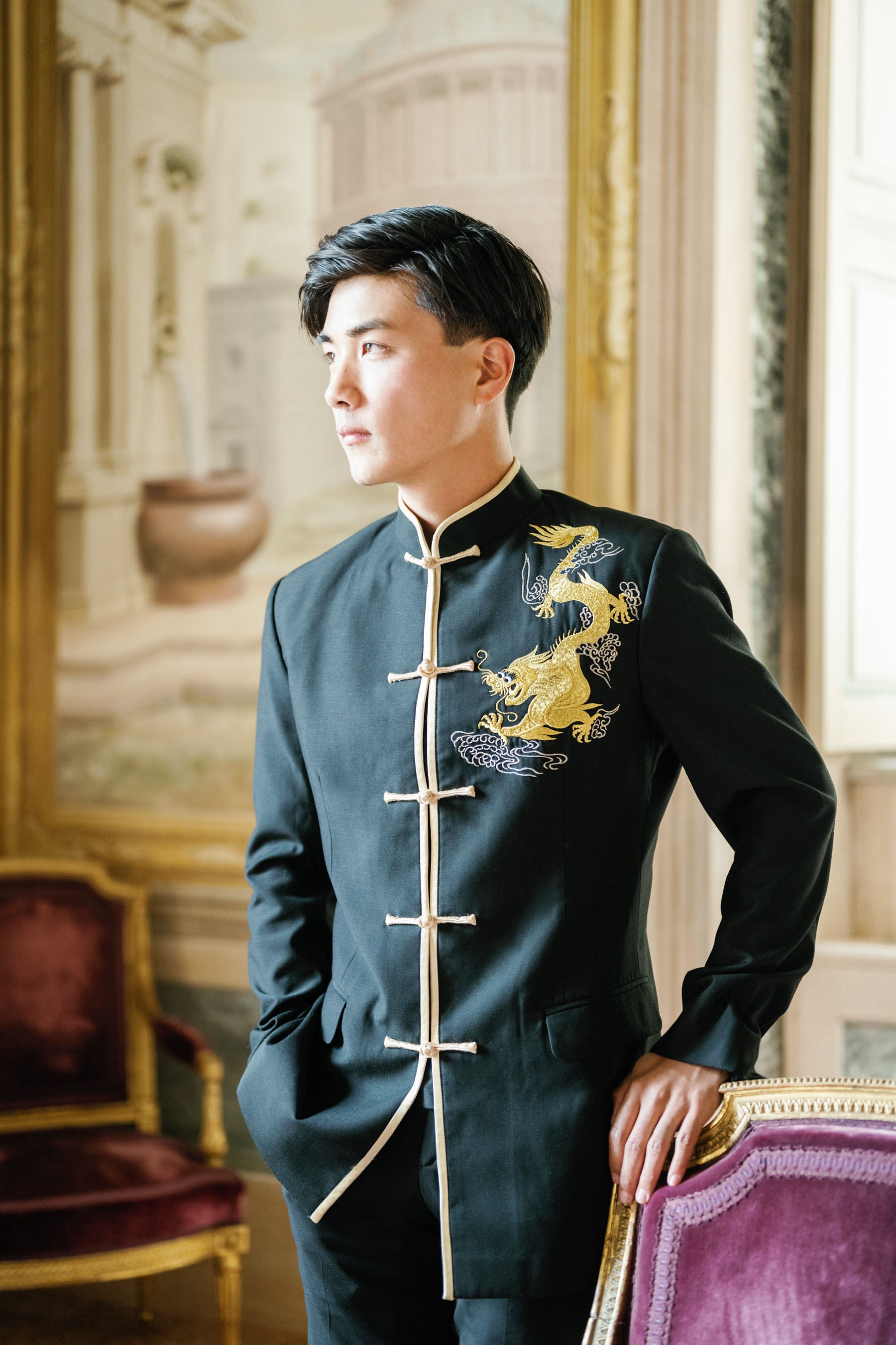 Ming Jacket | Black Mandarin Collar Suit Jacket
