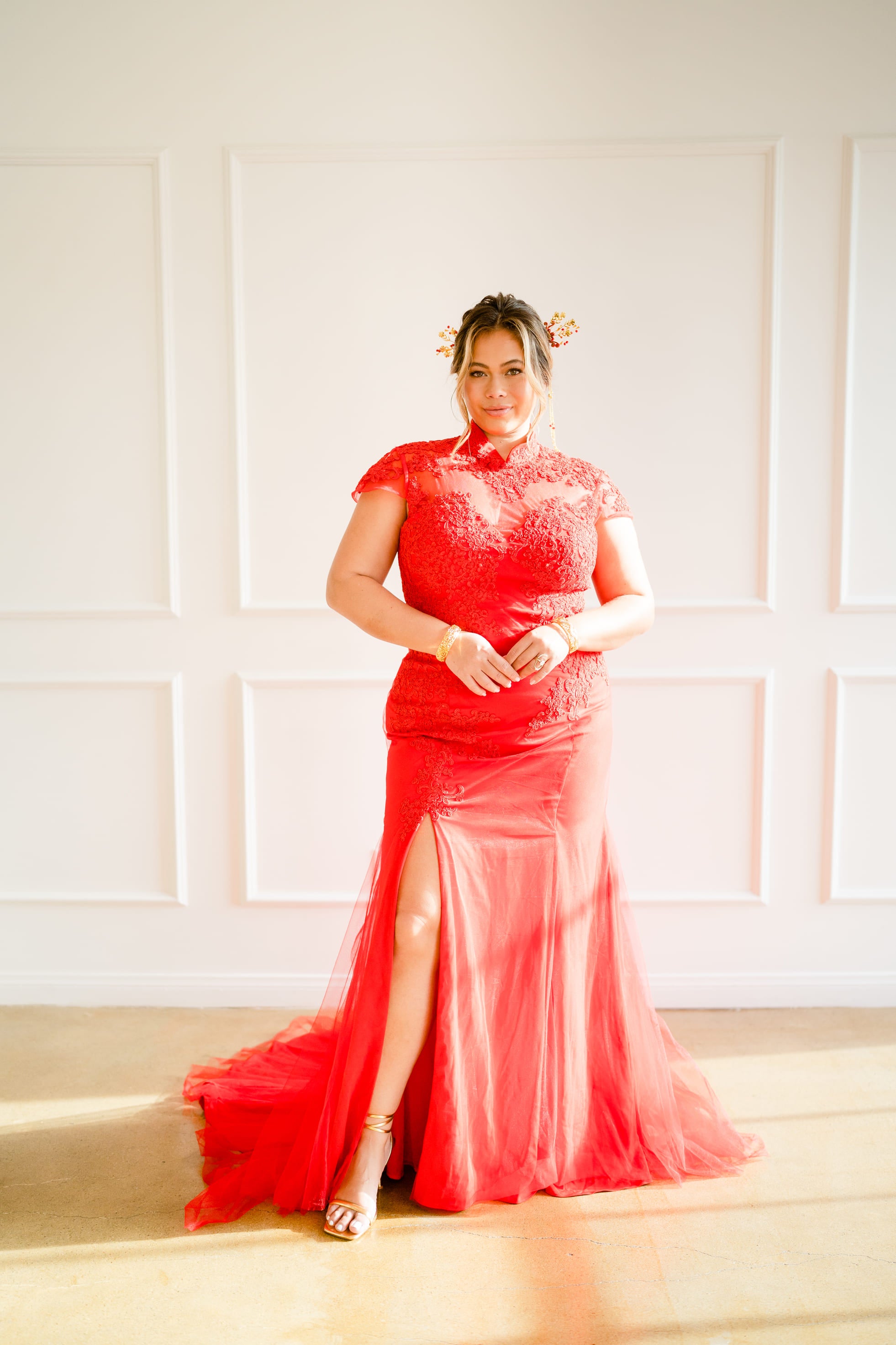 Chloe Bespoke Dress, Modern Red Lace Cheongsam