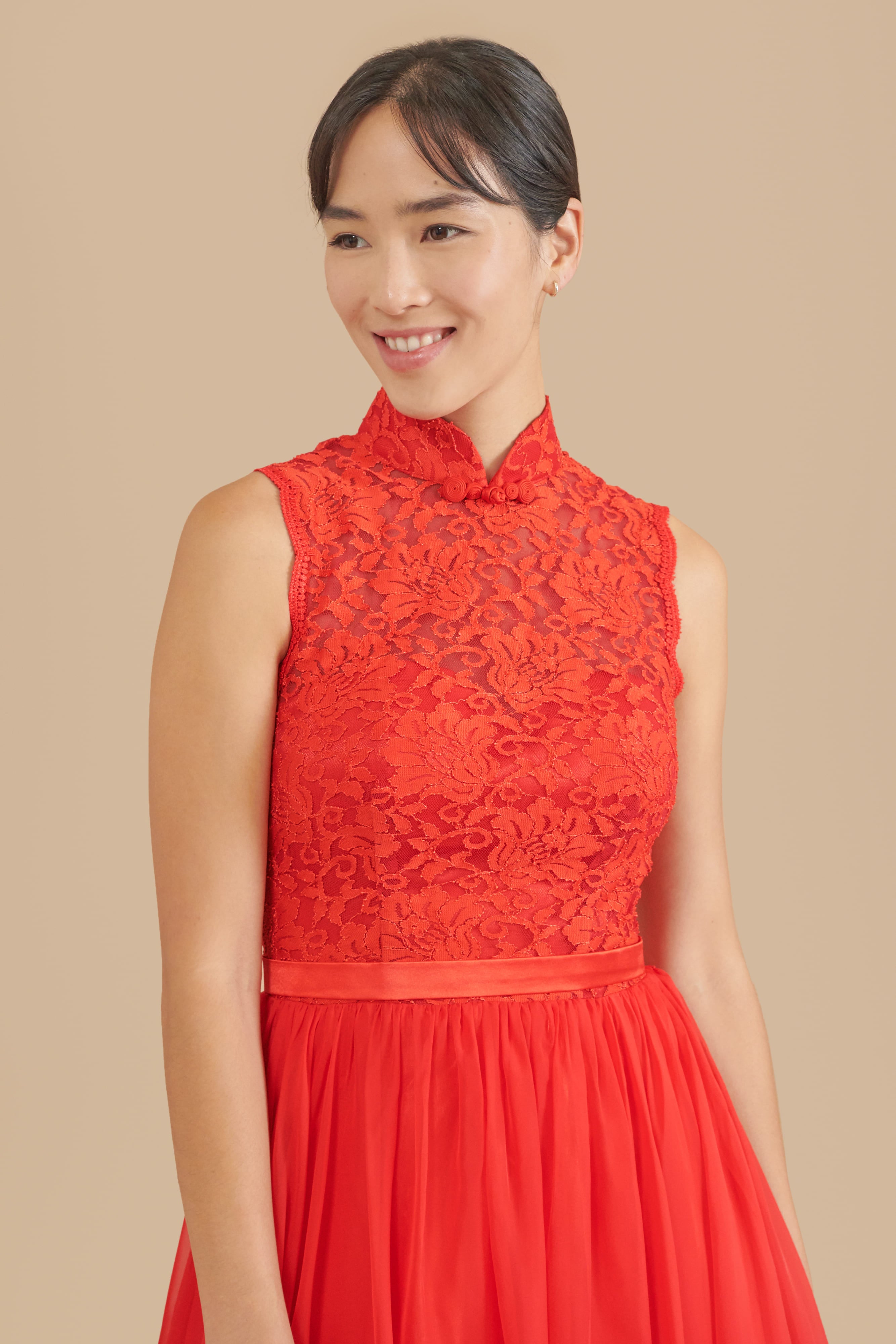 red mandarin collar dress Red Mandarin Collar Pockets Midi Dress