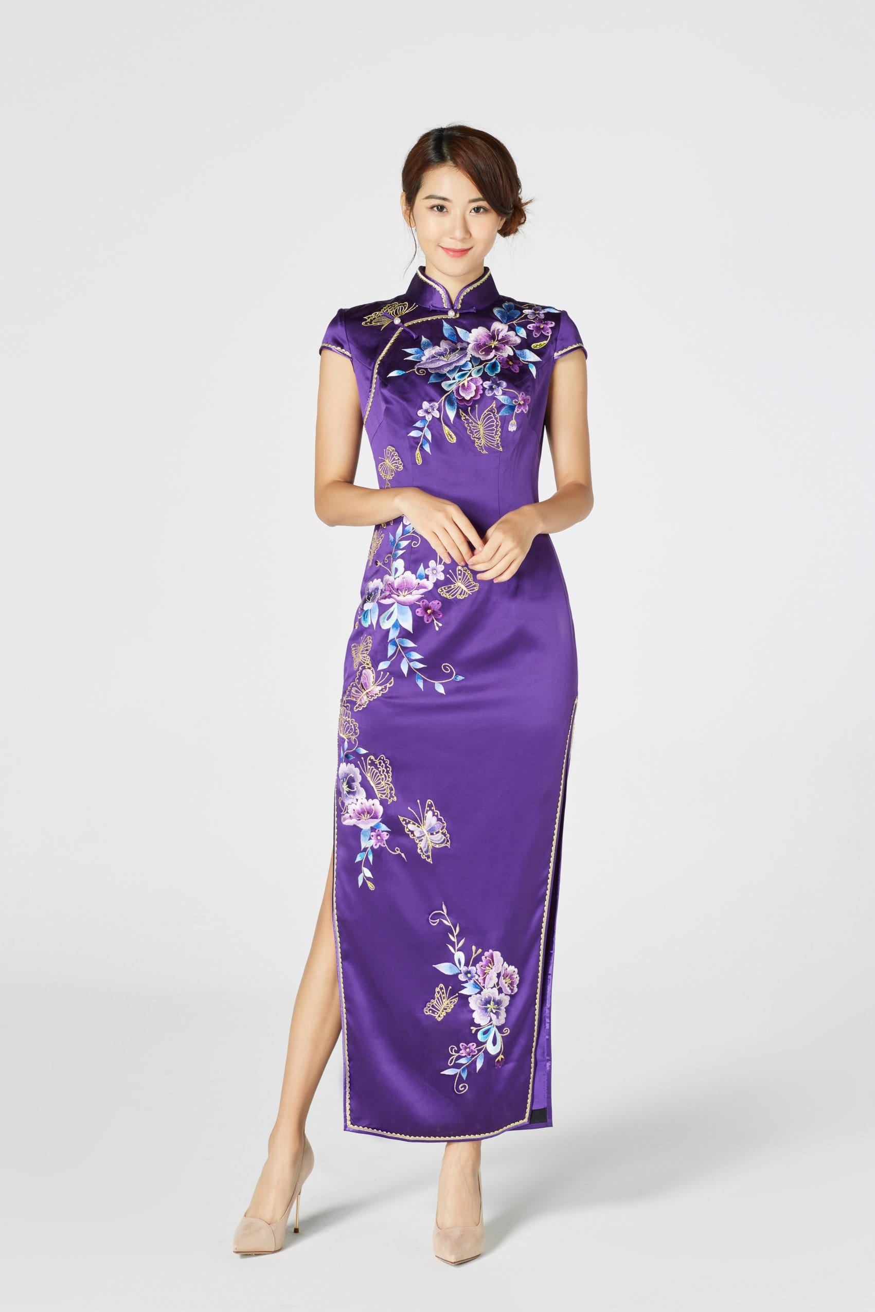 Tammy Bespoke Dress, Purple Embroidered Silk Qipao