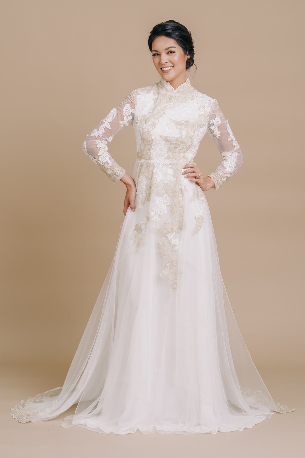 vietnamese wedding dress Red Ao Dai: With Gold Embroidery & Long Train Pair this with our Golden Snowflake Hairpins Hand-embroidered linen modern Vietnamese wedding