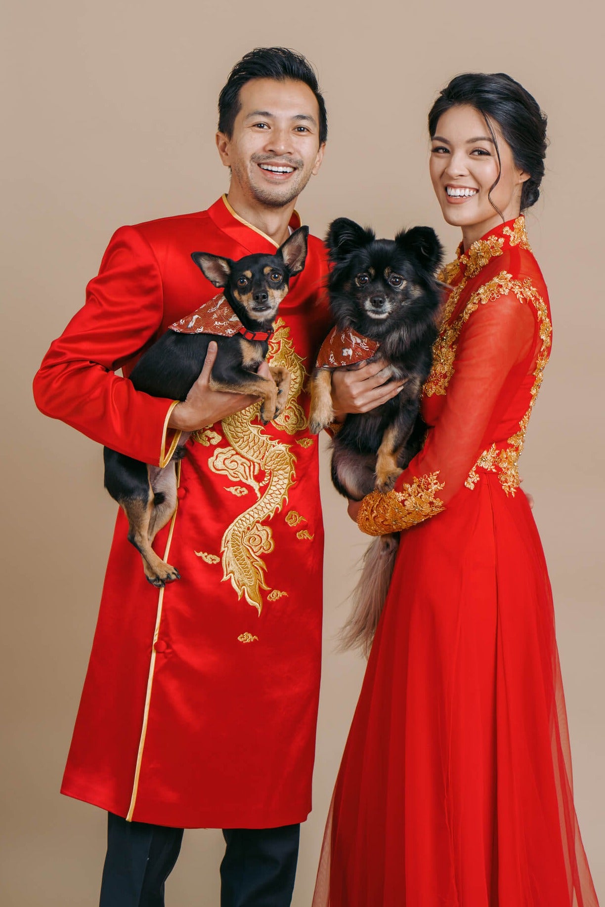 Red Ao Dai for men, Hand Painted Vietnamese Traditional Long Dress for Men
