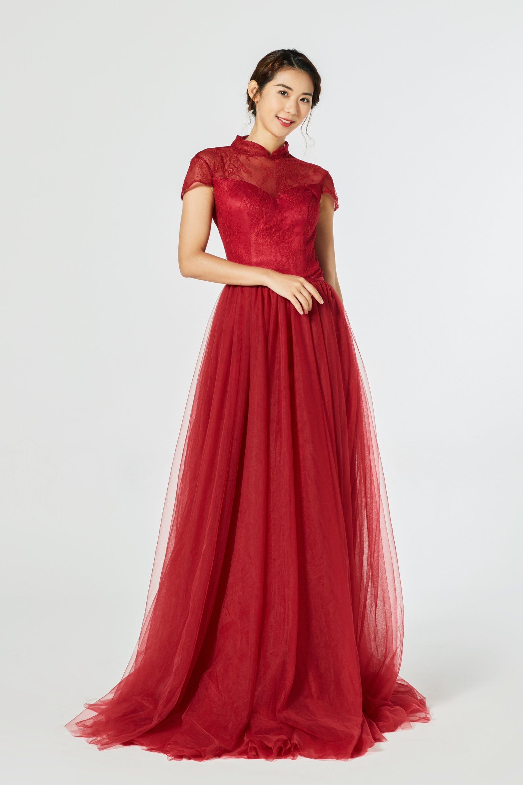 asian inspired evening dresses DreamDress By PMN Yanlin Mermaid Wedding Dress Gown Mandarin Collar Lining Chapel Cap Sleeves